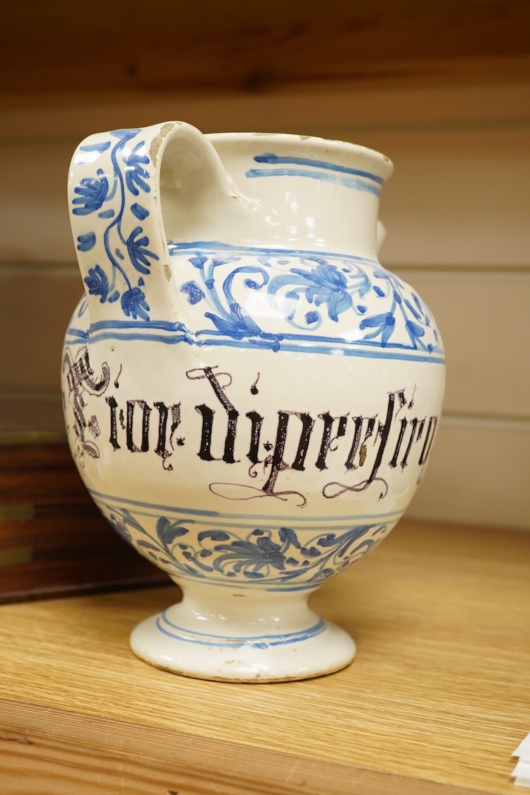 An Italian maiolica syrup jar, 17.5cm high